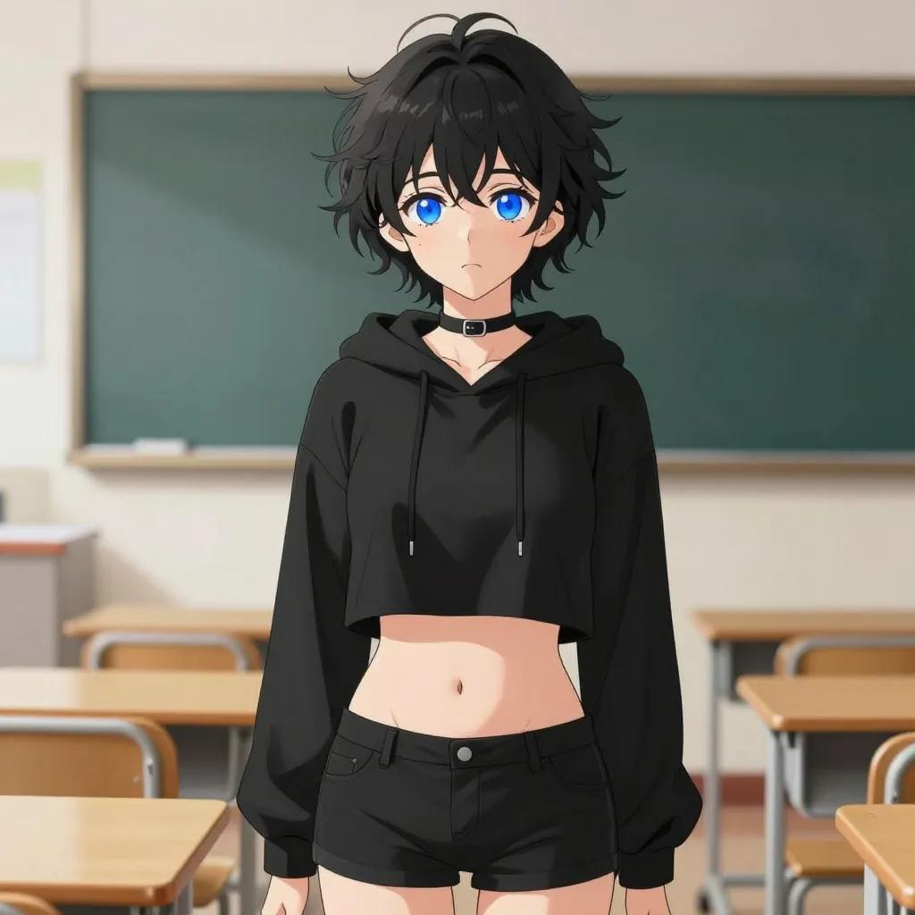 ## 正向提示词

### 基础标签
- `1boy, femboy, 男娘, 中性风`
### 发型
- `短卷发, 蓬松凌乱卷发, 黑色头发, 自然卷`
### 眼睛
- `亮蓝色眼睛, 大眼睛`
### 面部
- `微微脸红, 精致五官, 白皙皮肤`
### 配饰
- `黑色颈圈, choker`
### 上身服装
- `黑色短款连帽衫, 露脐上衣, 露出腹部, 肚脐可见`
### 下身服装
- `黑色短裤, 低腰短裤`
### 体型
- `纤细身材, 修长四肢, 中性体型`
### 构图 / 镜头
- `上半身构图, 看向观众`
### 画风
- `视觉小说风格, 动漫风格, 清晰线稿, 柔和上色, 二次元`
### 背景
教室中