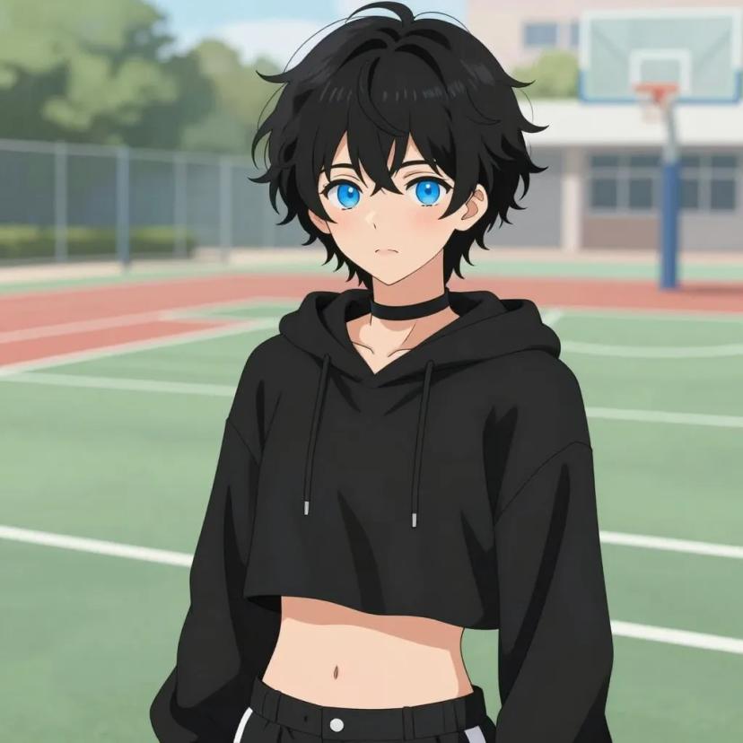 ## 正向提示词

### 基础标签
- `1boy, femboy, 男娘, 中性风`
### 发型
- `短卷发, 蓬松凌乱卷发, 黑色头发, 自然卷`
### 眼睛
- `亮蓝色眼睛, 大眼睛`
### 面部
- `微微脸红, 精致五官, 白皙皮肤`
### 配饰
- `黑色颈圈, choker`
### 上身服装
- `黑色短款连帽衫, 露脐上衣, 露出腹部, 肚脐可见`
### 下身服装
- `黑色短裤, 低腰短裤`
### 体型
- `纤细身材, 修长四肢, 中性体型`
### 构图 / 镜头
- `上半身构图, 看向观众`
### 画风
- `视觉小说风格, 动漫风格, 清晰线稿, 柔和上色, 二次元`
### 背景
学校篮球场