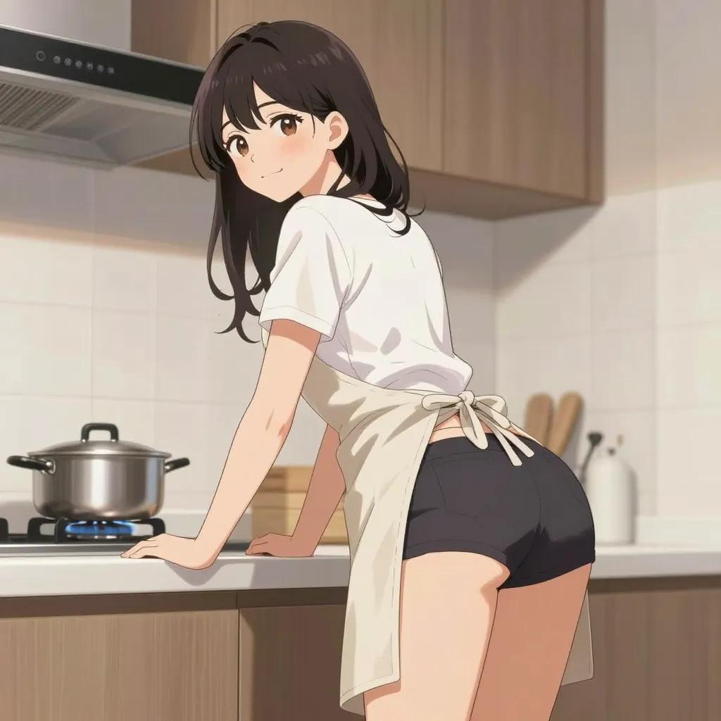一个穿着围裙的韩国女子在做饭，露出美丽的侧面，臀部和腿部完美展示，身材消瘦，表情微笑，日本动漫风格