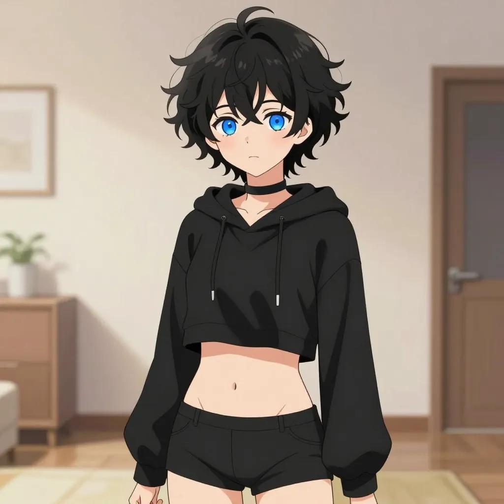 femboy, 男娘, 中性风
短卷发, 蓬松凌乱卷发, 黑色头发, 自然卷
亮蓝色眼睛, 大眼睛
微微脸红, 精致五官, 白皙皮肤
纤细身材, 修长四肢, 中性体型
黑色颈圈, choker

黑色短款连帽衫, 露脐上衣, 露出腹部, 肚脐可见
黑色短裤, 低腰短裤

背景：温馨室内空间, 模糊的家具陈设
暖色系柔和光线, 整体色彩清新柔和
视觉小说风格, 动漫风格, 清晰线稿, 柔和上色, 二次元
上半身构图, 看向观众