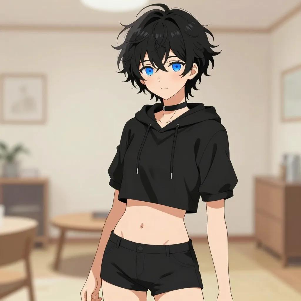 ## 角色
femboy, 男娘, 中性风
短卷发, 蓬松凌乱卷发, 黑色头发, 自然卷
亮蓝色眼睛, 大眼睛
微微脸红, 精致五官, 白皙皮肤
纤细身材, 修长四肢, 中性体型
黑色颈圈, choker

## 服装
黑色短款连帽衫, 露脐上衣, 露出腹部, 肚脐可见
黑色短裤, 低腰短裤

## 背景
温馨室内空间, 模糊的家具陈设
暖色系柔和光线, 整体色彩清新柔和

## 画风
视觉小说风格, 动漫风格, 清晰线稿, 柔和上色, 二次元
上半身构图, 看向观众