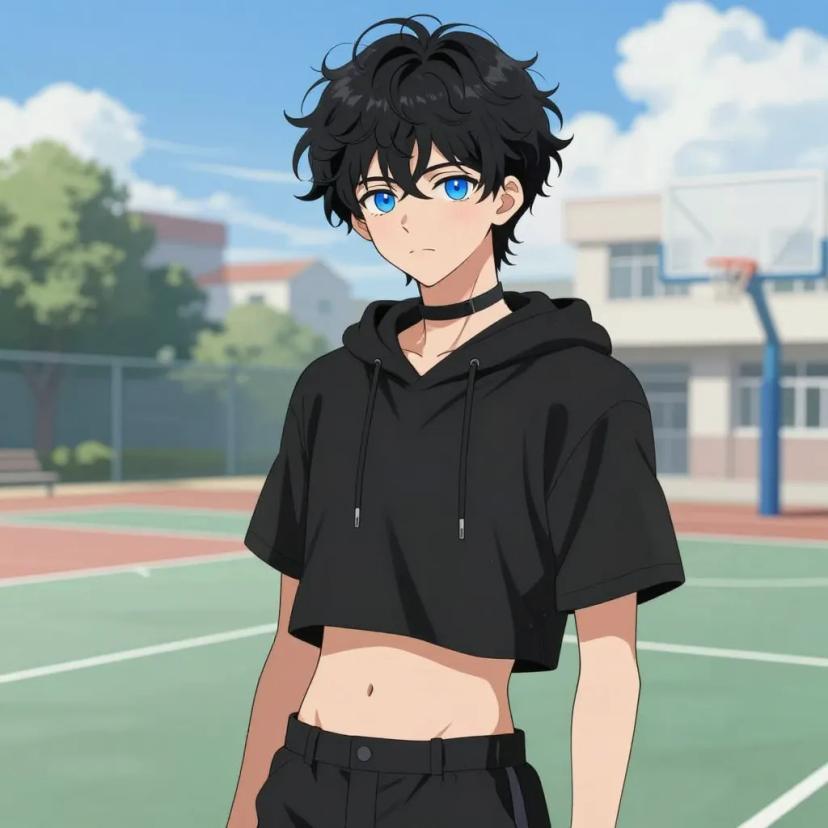## 角色
femboy, 男娘, 中性风
短卷发, 蓬松凌乱卷发, 黑色头发, 自然卷
亮蓝色眼睛, 大眼睛
微微脸红, 精致五官, 白皙皮肤
纤细身材, 修长四肢, 中性体型
黑色颈圈, choker

## 服装
黑色短款连帽衫, 露脐上衣, 露出腹部, 肚脐可见
黑色短裤, 低腰短裤

## 背景
学校篮球场, 阳光明媚
明亮的户外光线, 蓝天白云

## 画风
视觉小说风格, 动漫风格, 清晰线稿, 柔和上色, 二次元
上半身构图, 看向观众
