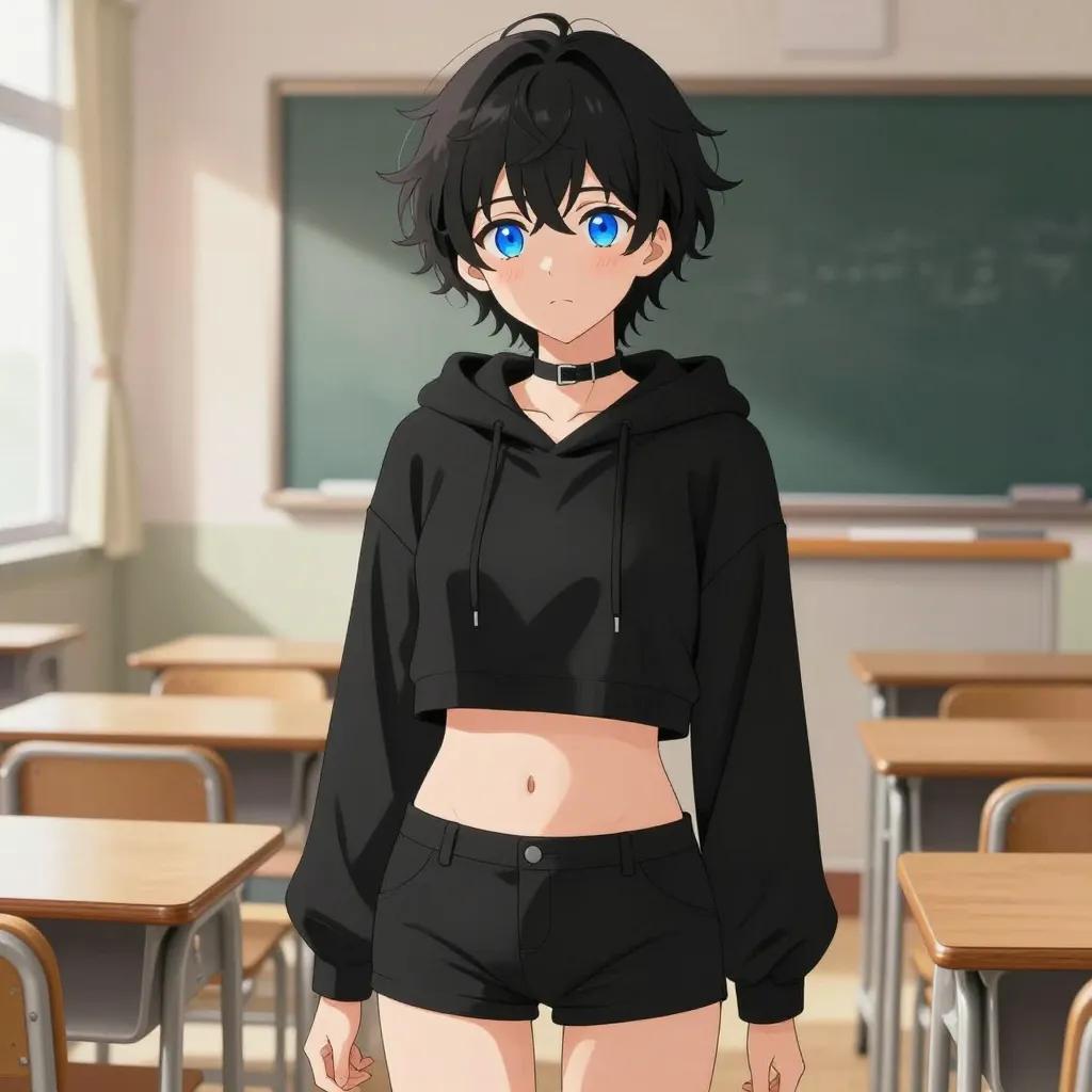 ## 角色
femboy, 男娘, 中性风
短卷发, 蓬松凌乱卷发, 黑色头发, 自然卷
亮蓝色眼睛, 大眼睛
微微脸红, 精致五官, 白皙皮肤
纤细身材, 修长四肢, 中性体型
黑色颈圈, choker

## 服装
黑色短款连帽衫, 露脐上衣, 露出腹部, 肚脐可见
黑色短裤, 低腰短裤

## 背景
日式教室, 课桌椅, 黑板, 窗边阳光
午后温暖光线, 光影斑驳

## 画风
视觉小说风格, 动漫风格, 清晰线稿, 柔和上色, 二次元
上半身构图, 看向观众