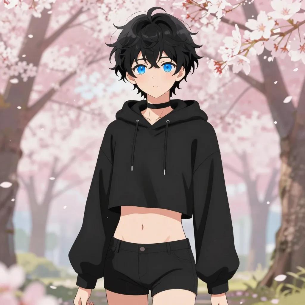 ## 角色
femboy, 男娘, 中性风
短卷发, 蓬松凌乱卷发, 黑色头发, 自然卷
亮蓝色眼睛, 大眼睛
微微脸红, 精致五官, 白皙皮肤
纤细身材, 修长四肢, 中性体型
黑色颈圈, choker

## 服装
黑色短款连帽衫, 露脐上衣, 露出腹部, 肚脐可见
黑色短裤, 低腰短裤

## 背景
樱花树下, 花瓣飘落, 粉色花海
柔和的春日光线, 粉白色调

## 画风
视觉小说风格, 动漫风格, 清晰线稿, 柔和上色, 二次元
上半身构图, 看向观众