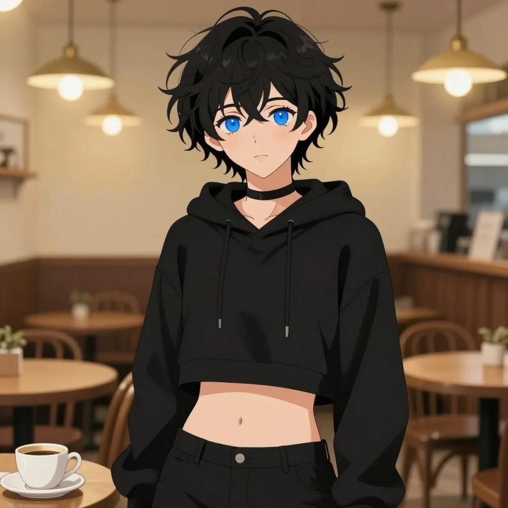 ## 角色
femboy, 男娘, 中性风
短卷发, 蓬松凌乱卷发, 黑色头发, 自然卷
亮蓝色眼睛, 大眼睛
微微脸红, 精致五官, 白皙皮肤
纤细身材, 修长四肢, 中性体型
黑色颈圈, choker

## 服装
黑色短款连帽衫, 露脐上衣, 露出腹部, 肚脐可见
黑色短裤, 低腰短裤

## 背景
温馨咖啡厅, 木质桌椅, 咖啡杯
暖黄色灯光, 复古氛围

## 画风
视觉小说风格, 动漫风格, 清晰线稿, 柔和上色, 二次元
上半身构图, 看向观众