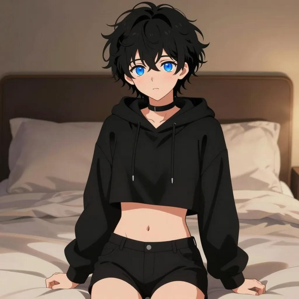 ## 角色
femboy, 男娘, 中性风
短卷发, 蓬松凌乱卷发, 黑色头发, 自然卷
亮蓝色眼睛, 大眼睛
微微脸红, 精致五官, 白皙皮肤
纤细身材, 修长四肢, 中性体型
黑色颈圈, choker

## 服装
黑色短款连帽衫, 露脐上衣, 露出腹部, 肚脐可见
黑色短裤, 低腰短裤

## 背景
夜晚卧室, 床铺, 柔软枕头
昏暗暖色台灯光, 温馨慵懒氛围

## 画风
视觉小说风格, 动漫风格, 清晰线稿, 柔和上色, 二次元
上半身构图, 看向观众