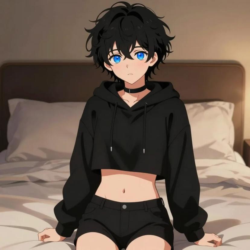 ## 角色
femboy, 男娘, 中性风
短卷发, 蓬松凌乱卷发, 黑色头发, 自然卷
亮蓝色眼睛, 大眼睛
微微脸红, 精致五官, 白皙皮肤
纤细身材, 修长四肢, 中性体型
黑色颈圈, choker

## 服装
黑色短款连帽衫, 露脐上衣, 露出腹部, 肚脐可见
黑色短裤, 低腰短裤

## 背景
夜晚卧室, 床铺, 柔软枕头
昏暗暖色台灯光, 温馨慵懒氛围

## 画风
视觉小说风格, 动漫风格, 清晰线稿, 柔和上色, 二次元
上半身构图, 看向观众