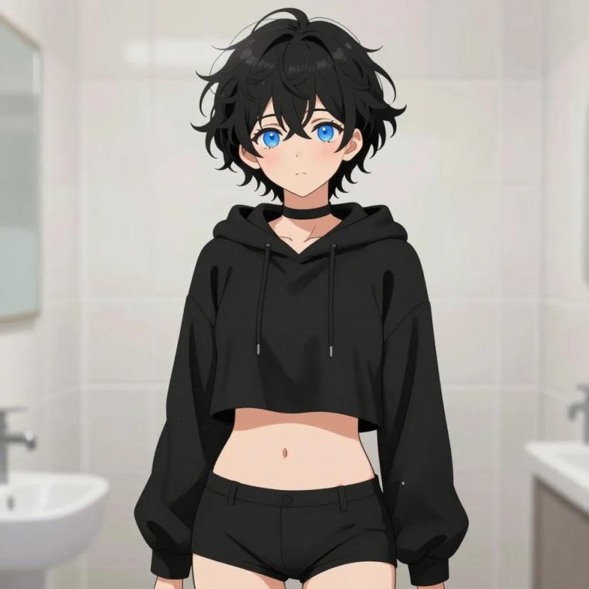 ## 角色
femboy, 男娘, 中性风
短卷发, 蓬松凌乱卷发, 黑色头发, 自然卷
亮蓝色眼睛, 大眼睛
微微脸红, 精致五官, 白皙皮肤
纤细身材, 修长四肢, 中性体型
黑色颈圈, choker

## 服装
黑色短款连帽衫, 露脐上衣, 露出腹部, 肚脐可见
黑色短裤, 低腰短裤

## 背景
浴室, 水雾弥漫, 瓷砖墙壁
柔和的暖白光线, 蒸汽朦胧感

## 画风
视觉小说风格, 动漫风格, 清晰线稿, 柔和上色, 二次元
上半身构图, 看向观众