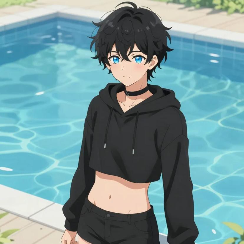 ## 角色
femboy, 男娘, 中性风
短卷发, 蓬松凌乱卷发, 黑色头发, 自然卷
亮蓝色眼睛, 大眼睛
微微脸红, 精致五官, 白皙皮肤
纤细身材, 修长四肢, 中性体型
黑色颈圈, choker

## 服装
黑色短款连帽衫, 露脐上衣, 露出腹部, 肚脐可见
黑色短裤, 低腰短裤

## 背景
室外游泳池, 蓝色水面, 泳池边
明亮夏日阳光, 水面反光

## 画风
视觉小说风格, 动漫风格, 清晰线稿, 柔和上色, 二次元
上半身构图, 看向观众