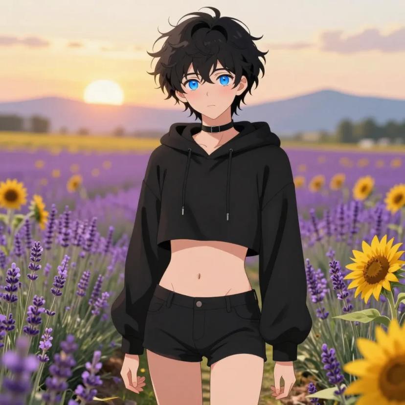 ## 角色
femboy, 男娘, 中性风
短卷发, 蓬松凌乱卷发, 黑色头发, 自然卷
亮蓝色眼睛, 大眼睛
微微脸红, 精致五官, 白皙皮肤
纤细身材, 修长四肢, 中性体型
黑色颈圈, choker

## 服装
黑色短款连帽衫, 露脐上衣, 露出腹部, 肚脐可见
黑色短裤, 低腰短裤

## 背景
广阔花田, 薰衣草或向日葵, 远山
金色夕阳光线, 梦幻色彩

## 画风
视觉小说风格, 动漫风格, 清晰线稿, 柔和上色, 二次元
上半身构图, 看向观众