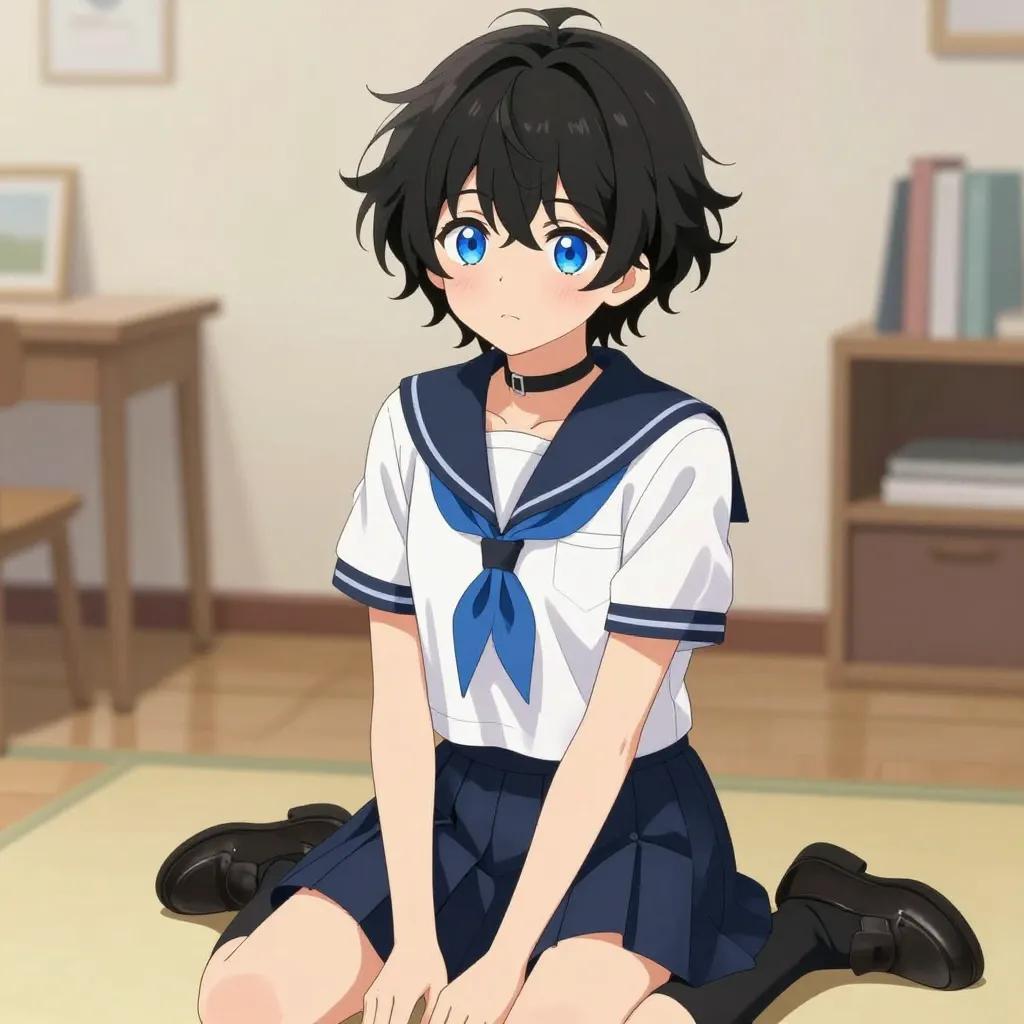 ## 角色
femboy, 男娘, 中性风
短卷发, 蓬松凌乱卷发, 黑色头发, 自然卷
亮蓝色眼睛, 大眼睛
微微脸红, 精致五官, 白皙皮肤
纤细身材, 修长四肢, 中性体型
黑色颈圈, choker

## 服装
白色水手服, 蓝色领巾, 短袖
藏蓝色百褶裙, 过膝袜, 黑色皮鞋

## 背景
温馨室内空间, 模糊的家具陈设
暖色系柔和光线, 整体色彩清新柔和

## 画风
视觉小说风格, 动漫风格, 清晰线稿, 柔和上色, 二次元
上半身构图, 看向观众