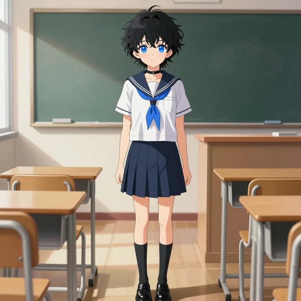 ## 角色
femboy, 男娘, 中性风
短卷发, 蓬松凌乱卷发, 黑色头发, 自然卷
亮蓝色眼睛, 大眼睛
微微脸红, 精致五官, 白皙皮肤
纤细身材, 修长四肢, 中性体型
黑色颈圈, choker

## 服装
白色水手服, 蓝色领巾, 短袖
藏蓝色百褶裙, 过膝袜, 黑色皮鞋

## 背景
日式教室, 课桌椅, 黑板, 窗边阳光
午后温暖光线, 光影斑驳

## 画风
视觉小说风格, 动漫风格, 清晰线稿, 柔和上色, 二次元
上半身构图, 看向观众