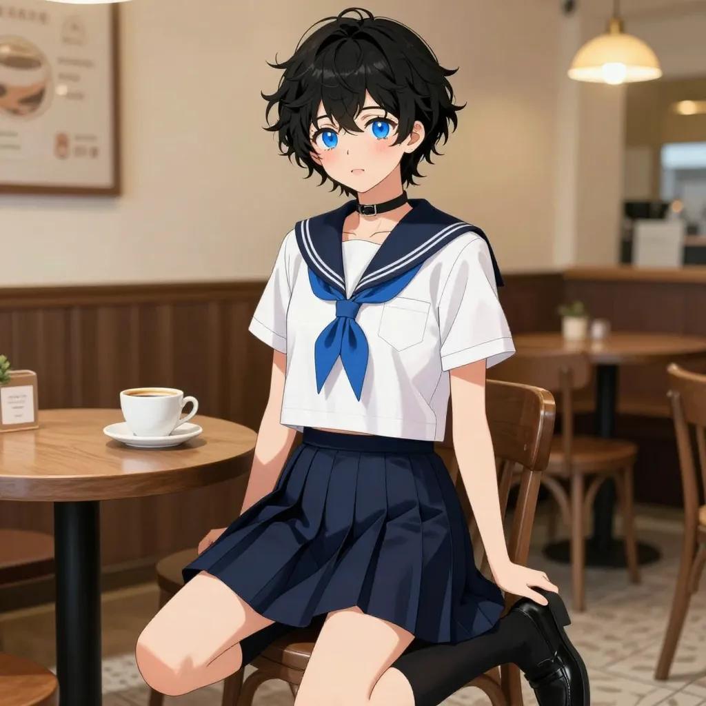 ## 角色
femboy, 男娘, 中性风
短卷发, 蓬松凌乱卷发, 黑色头发, 自然卷
亮蓝色眼睛, 大眼睛
微微脸红, 精致五官, 白皙皮肤
纤细身材, 修长四肢, 中性体型
黑色颈圈, choker

## 服装
白色水手服, 蓝色领巾, 短袖
藏蓝色百褶裙, 过膝袜, 黑色皮鞋

## 背景
温馨咖啡厅, 木质桌椅, 咖啡杯
暖黄色灯光, 复古氛围

## 画风
视觉小说风格, 动漫风格, 清晰线稿, 柔和上色, 二次元
上半身构图, 看向观众