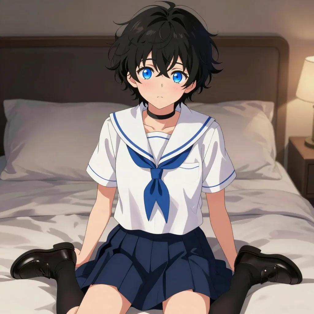 ## 角色
femboy, 男娘, 中性风
短卷发, 蓬松凌乱卷发, 黑色头发, 自然卷
亮蓝色眼睛, 大眼睛
微微脸红, 精致五官, 白皙皮肤
纤细身材, 修长四肢, 中性体型
黑色颈圈, choker

## 服装
白色水手服, 蓝色领巾, 短袖
藏蓝色百褶裙, 过膝袜, 黑色皮鞋

## 背景
夜晚卧室, 床铺, 柔软枕头
昏暗暖色台灯光, 温馨慵懒氛围

## 画风
视觉小说风格, 动漫风格, 清晰线稿, 柔和上色, 二次元
上半身构图, 看向观众