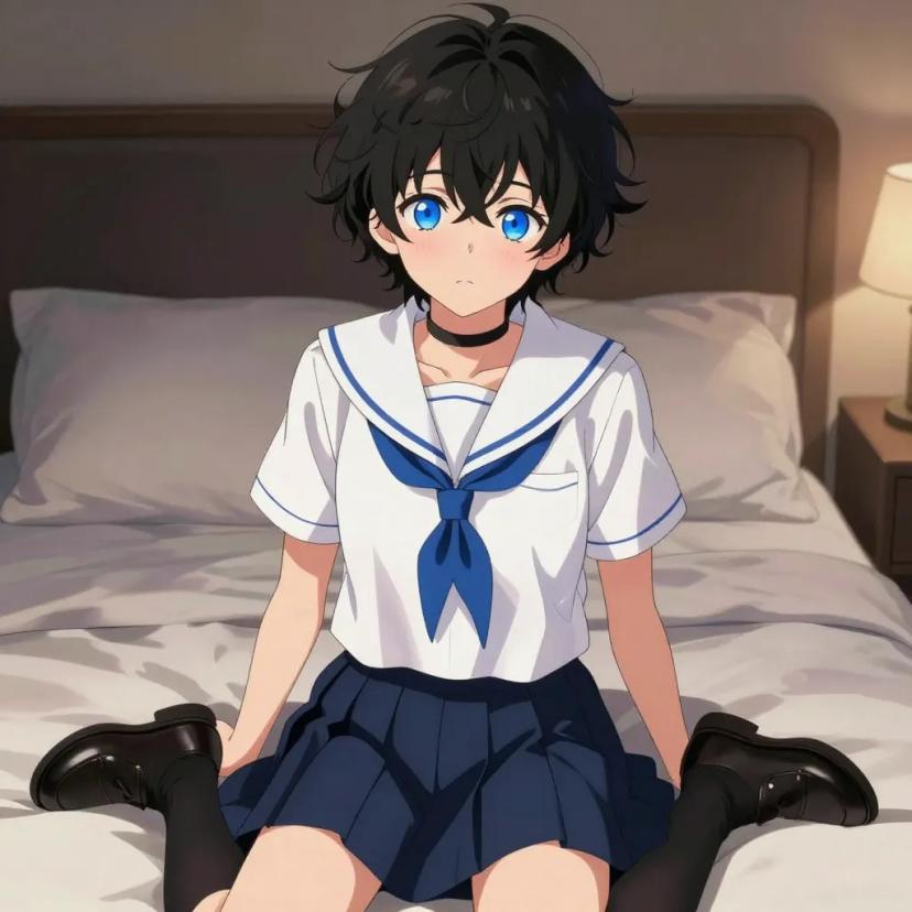 ## 角色
femboy, 男娘, 中性风
短卷发, 蓬松凌乱卷发, 黑色头发, 自然卷
亮蓝色眼睛, 大眼睛
微微脸红, 精致五官, 白皙皮肤
纤细身材, 修长四肢, 中性体型
黑色颈圈, choker

## 服装
白色水手服, 蓝色领巾, 短袖
藏蓝色百褶裙, 过膝袜, 黑色皮鞋

## 背景
夜晚卧室, 床铺, 柔软枕头
昏暗暖色台灯光, 温馨慵懒氛围

## 画风
视觉小说风格, 动漫风格, 清晰线稿, 柔和上色, 二次元
上半身构图, 看向观众