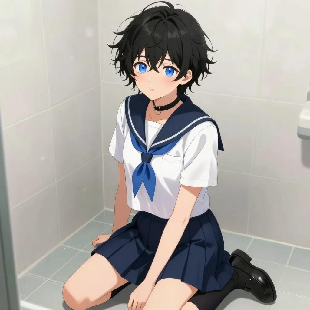 ## 角色
femboy, 男娘, 中性风
短卷发, 蓬松凌乱卷发, 黑色头发, 自然卷
亮蓝色眼睛, 大眼睛
微微脸红, 精致五官, 白皙皮肤
纤细身材, 修长四肢, 中性体型
黑色颈圈, choker

## 服装
白色水手服, 蓝色领巾, 短袖
藏蓝色百褶裙, 过膝袜, 黑色皮鞋

## 背景
浴室, 水雾弥漫, 瓷砖墙壁
柔和的暖白光线, 蒸汽朦胧感

## 画风
视觉小说风格, 动漫风格, 清晰线稿, 柔和上色, 二次元
上半身构图, 看向观众