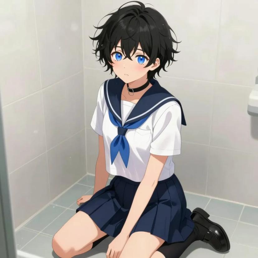 ## 角色
femboy, 男娘, 中性风
短卷发, 蓬松凌乱卷发, 黑色头发, 自然卷
亮蓝色眼睛, 大眼睛
微微脸红, 精致五官, 白皙皮肤
纤细身材, 修长四肢, 中性体型
黑色颈圈, choker

## 服装
白色水手服, 蓝色领巾, 短袖
藏蓝色百褶裙, 过膝袜, 黑色皮鞋

## 背景
浴室, 水雾弥漫, 瓷砖墙壁
柔和的暖白光线, 蒸汽朦胧感

## 画风
视觉小说风格, 动漫风格, 清晰线稿, 柔和上色, 二次元
上半身构图, 看向观众