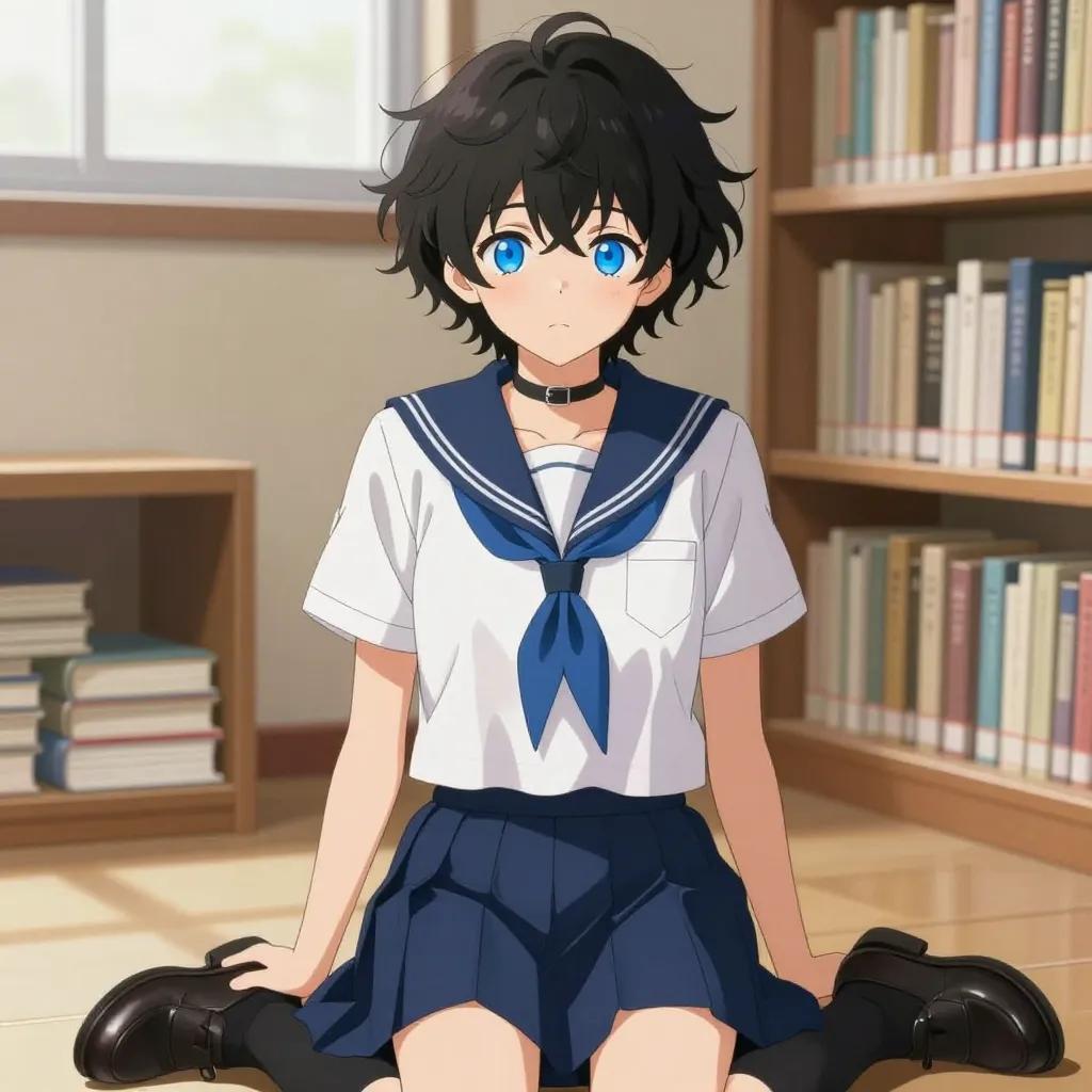 ## 角色
femboy, 男娘, 中性风
短卷发, 蓬松凌乱卷发, 黑色头发, 自然卷
亮蓝色眼睛, 大眼睛
微微脸红, 精致五官, 白皙皮肤
纤细身材, 修长四肢, 中性体型
黑色颈圈, choker

## 服装
白色水手服, 蓝色领巾, 短袖
藏蓝色百褶裙, 过膝袜, 黑色皮鞋

## 背景
安静的图书馆, 木质书架, 堆叠的书本
柔和的自然光透过窗户, 宁静氛围

## 画风
视觉小说风格, 动漫风格, 清晰线稿, 柔和上色, 二次元
上半身构图, 看向观众