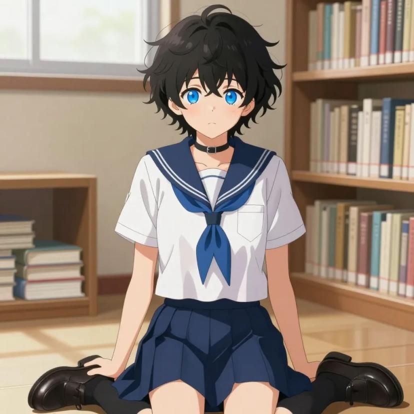 ## 角色
femboy, 男娘, 中性风
短卷发, 蓬松凌乱卷发, 黑色头发, 自然卷
亮蓝色眼睛, 大眼睛
微微脸红, 精致五官, 白皙皮肤
纤细身材, 修长四肢, 中性体型
黑色颈圈, choker

## 服装
白色水手服, 蓝色领巾, 短袖
藏蓝色百褶裙, 过膝袜, 黑色皮鞋

## 背景
安静的图书馆, 木质书架, 堆叠的书本
柔和的自然光透过窗户, 宁静氛围

## 画风
视觉小说风格, 动漫风格, 清晰线稿, 柔和上色, 二次元
上半身构图, 看向观众