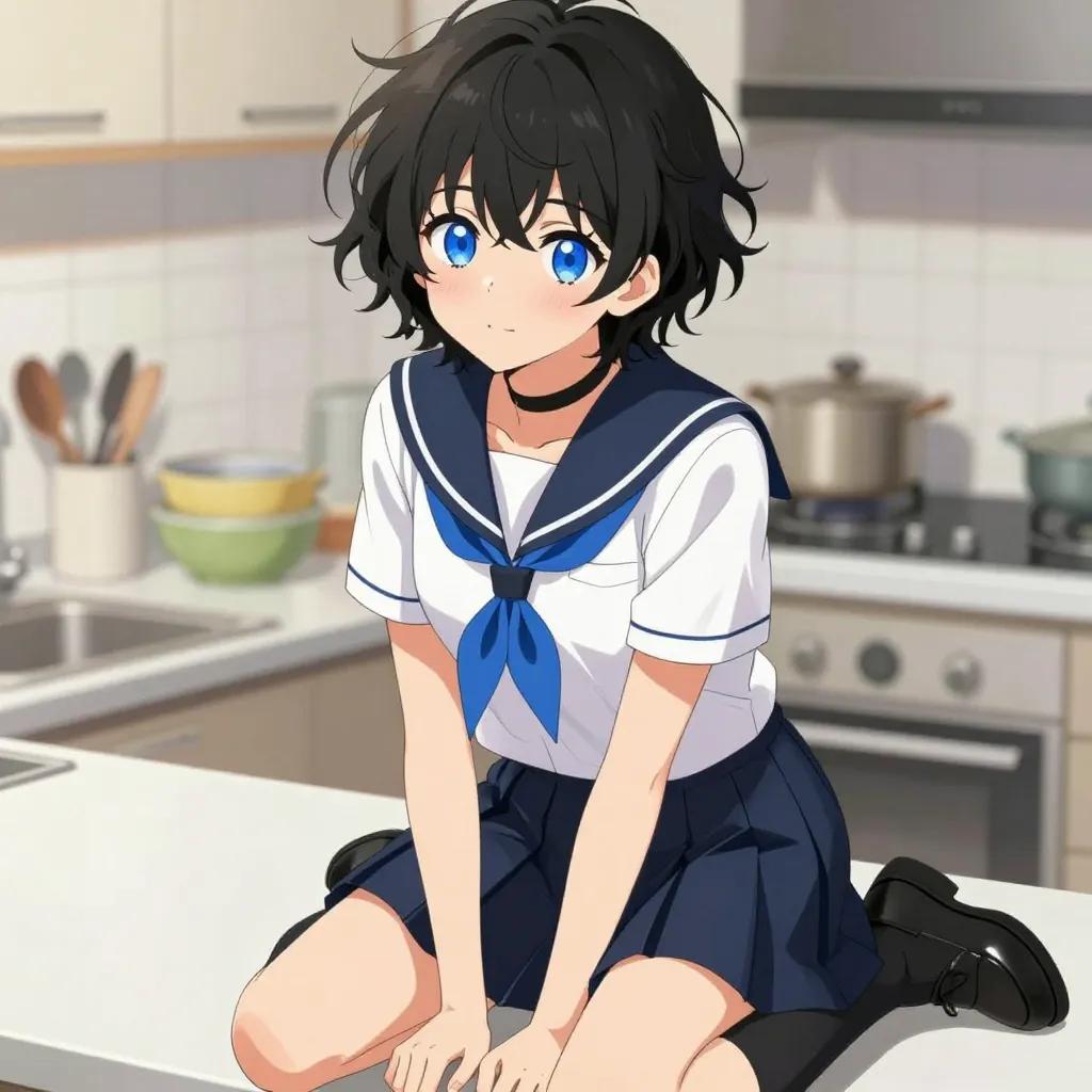 ## 角色
femboy, 男娘, 中性风
短卷发, 蓬松凌乱卷发, 黑色头发, 自然卷
亮蓝色眼睛, 大眼睛
微微脸红, 精致五官, 白皙皮肤
纤细身材, 修长四肢, 中性体型
黑色颈圈, choker

## 服装
白色水手服, 蓝色领巾, 短袖
藏蓝色百褶裙, 过膝袜, 黑色皮鞋

## 背景
家庭厨房, 料理台, 厨具
明亮暖色光线, 温馨生活感

## 画风
视觉小说风格, 动漫风格, 清晰线稿, 柔和上色, 二次元
上半身构图, 看向观众