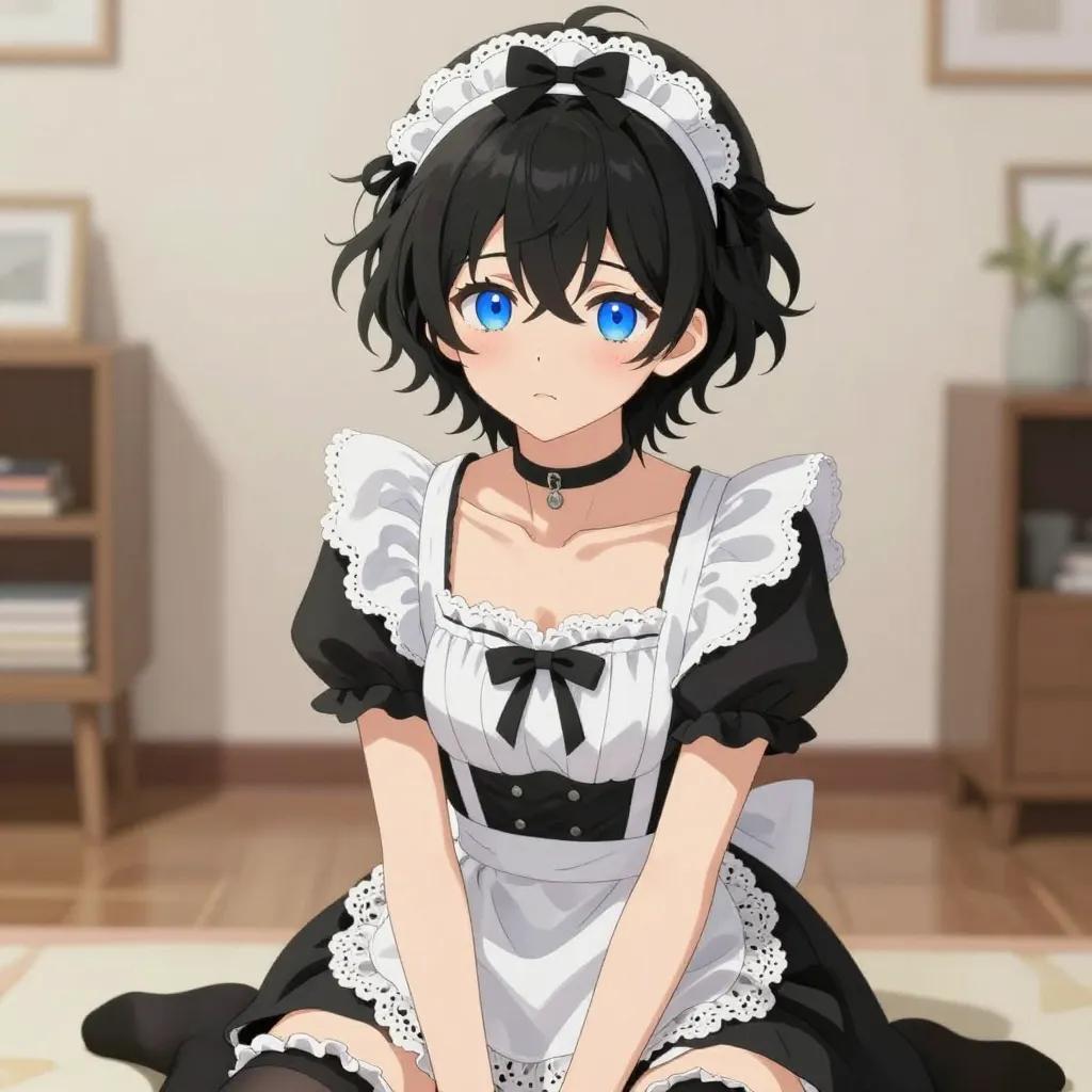 ## 角色
femboy, 男娘, 中性风
短卷发, 蓬松凌乱卷发, 黑色头发, 自然卷
亮蓝色眼睛, 大眼睛
微微脸红, 精致五官, 白皙皮肤
纤细身材, 修长四肢, 中性体型
黑色颈圈, choker

## 服装
黑白女仆装, 蕾丝围裙, 蝴蝶结头饰
黑色长筒袜, 白色蕾丝边

## 背景
温馨室内空间, 模糊的家具陈设
暖色系柔和光线, 整体色彩清新柔和

## 画风
视觉小说风格, 动漫风格, 清晰线稿, 柔和上色, 二次元
上半身构图, 看向观众
