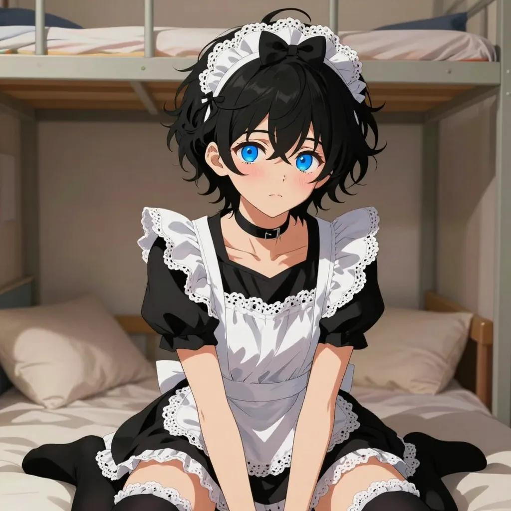 ## 角色
femboy, 男娘, 中性风
短卷发, 蓬松凌乱卷发, 黑色头发, 自然卷
亮蓝色眼睛, 大眼睛
微微脸红, 精致五官, 白皙皮肤
纤细身材, 修长四肢, 中性体型
黑色颈圈, choker

## 服装
黑白女仆装, 蕾丝围裙, 蝴蝶结头饰
黑色长筒袜, 白色蕾丝边

## 背景
宿舍卧室, 床铺, 柔软枕头
昏暗暖色台灯光, 温馨慵懒氛围

## 画风
视觉小说风格, 动漫风格, 清晰线稿, 柔和上色, 二次元
上半身构图, 看向观众