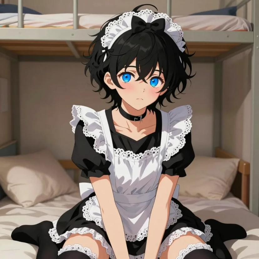 ## 角色
femboy, 男娘, 中性风
短卷发, 蓬松凌乱卷发, 黑色头发, 自然卷
亮蓝色眼睛, 大眼睛
微微脸红, 精致五官, 白皙皮肤
纤细身材, 修长四肢, 中性体型
黑色颈圈, choker

## 服装
黑白女仆装, 蕾丝围裙, 蝴蝶结头饰
黑色长筒袜, 白色蕾丝边

## 背景
宿舍卧室, 床铺, 柔软枕头
昏暗暖色台灯光, 温馨慵懒氛围

## 画风
视觉小说风格, 动漫风格, 清晰线稿, 柔和上色, 二次元
上半身构图, 看向观众