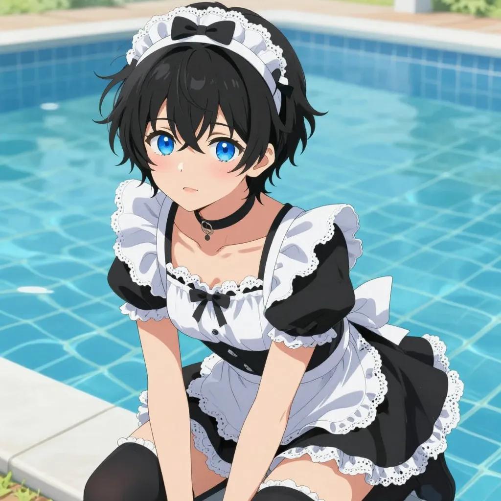 ## 角色
femboy, 男娘, 中性风
短卷发, 蓬松凌乱卷发, 黑色头发, 自然卷
亮蓝色眼睛, 大眼睛
微微脸红, 精致五官, 白皙皮肤
纤细身材, 修长四肢, 中性体型
黑色颈圈, choker

## 服装
黑白女仆装, 蕾丝围裙, 蝴蝶结头饰
黑色长筒袜, 白色蕾丝边

## 背景
室外游泳池, 蓝色水面, 泳池边
明亮夏日阳光, 水面反光

## 画风
视觉小说风格, 动漫风格, 清晰线稿, 柔和上色, 二次元
上半身构图, 看向观众