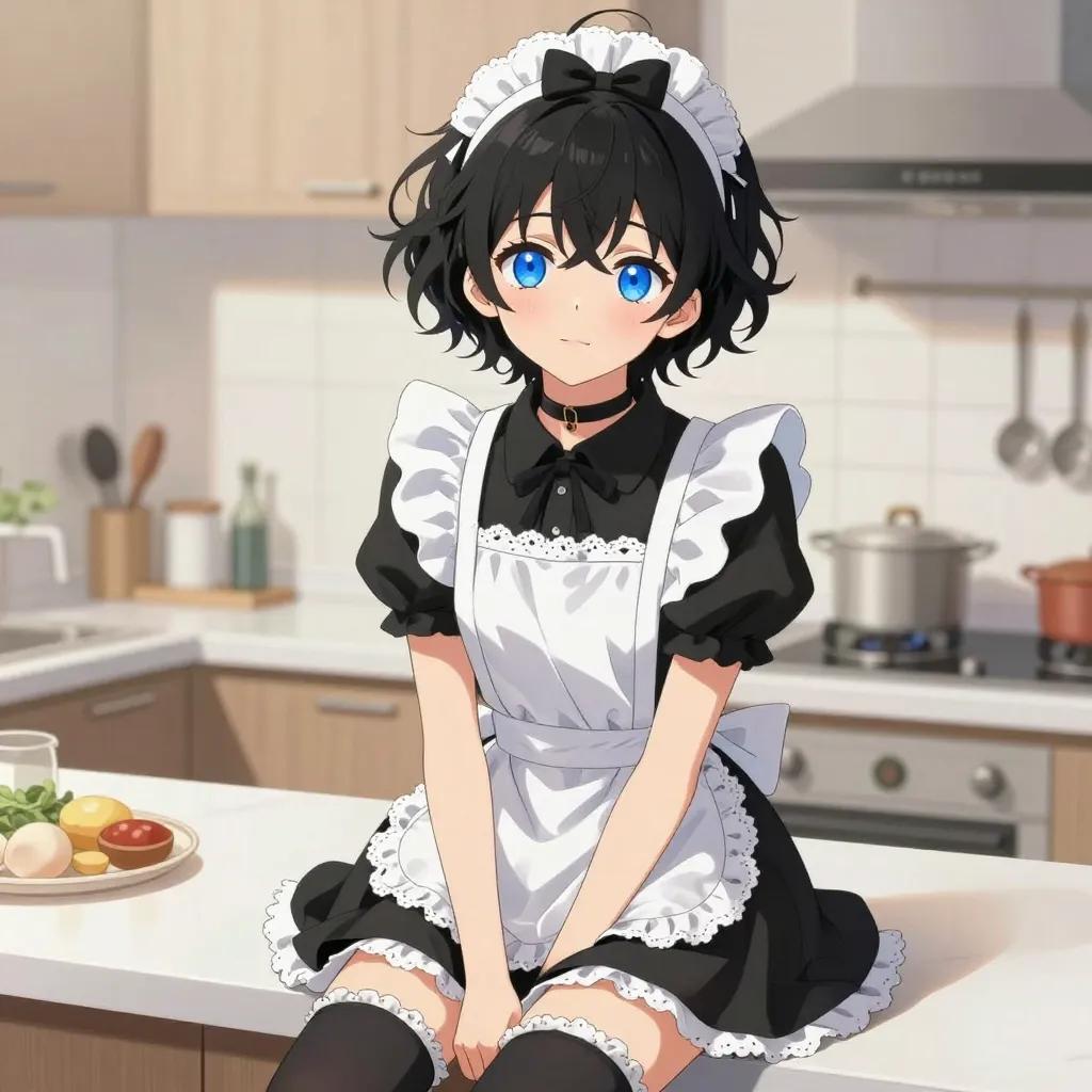 ## 角色
femboy, 男娘, 中性风
短卷发, 蓬松凌乱卷发, 黑色头发, 自然卷
亮蓝色眼睛, 大眼睛
微微脸红, 精致五官, 白皙皮肤
纤细身材, 修长四肢, 中性体型
黑色颈圈, choker

## 服装
黑白女仆装, 蕾丝围裙, 蝴蝶结头饰
黑色长筒袜, 白色蕾丝边

## 背景
家庭厨房, 料理台, 厨具
明亮暖色光线, 温馨生活感

## 画风
视觉小说风格, 动漫风格, 清晰线稿, 柔和上色, 二次元
上半身构图, 看向观众