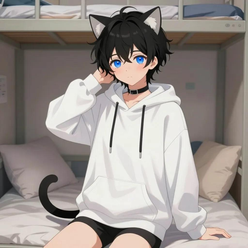## 角色
femboy, 男娘, 中性风
短卷发, 蓬松凌乱卷发, 黑色头发, 自然卷
亮蓝色眼睛, 大眼睛
微微脸红, 精致五官, 白皙皮肤
纤细身材, 修长四肢, 中性体型
黑色颈圈, choker

## 服装
白色猫耳连帽卫衣, 宽松oversized, 衣摆盖过手指
黑色紧身短裤, 猫尾饰品

## 背景
宿舍卧室, 床铺, 柔软枕头
昏暗暖色台灯光, 温馨慵懒氛围

## 画风
视觉小说风格, 动漫风格, 清晰线稿, 柔和上色, 二次元
上半身构图, 看向观众