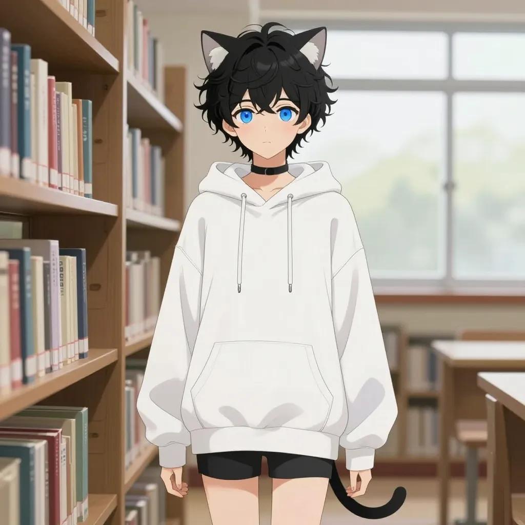 ## 角色
femboy, 男娘, 中性风
短卷发, 蓬松凌乱卷发, 黑色头发, 自然卷
亮蓝色眼睛, 大眼睛
微微脸红, 精致五官, 白皙皮肤
纤细身材, 修长四肢, 中性体型
黑色颈圈, choker

## 服装
白色猫耳连帽卫衣, 宽松oversized, 衣摆盖过手指
黑色紧身短裤, 猫尾饰品

## 背景
安静的图书馆, 木质书架, 堆叠的书本
柔和的自然光透过窗户, 宁静氛围

## 画风
视觉小说风格, 动漫风格, 清晰线稿, 柔和上色, 二次元
上半身构图, 看向观众