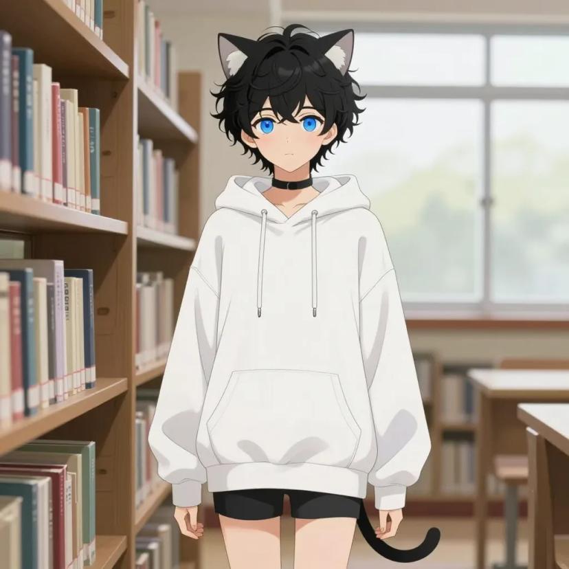 ## 角色
femboy, 男娘, 中性风
短卷发, 蓬松凌乱卷发, 黑色头发, 自然卷
亮蓝色眼睛, 大眼睛
微微脸红, 精致五官, 白皙皮肤
纤细身材, 修长四肢, 中性体型
黑色颈圈, choker

## 服装
白色猫耳连帽卫衣, 宽松oversized, 衣摆盖过手指
黑色紧身短裤, 猫尾饰品

## 背景
安静的图书馆, 木质书架, 堆叠的书本
柔和的自然光透过窗户, 宁静氛围

## 画风
视觉小说风格, 动漫风格, 清晰线稿, 柔和上色, 二次元
上半身构图, 看向观众