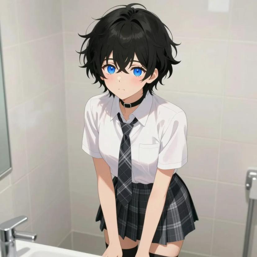 ## 角色
femboy, 男娘, 中性风
短卷发, 蓬松凌乱卷发, 黑色头发, 自然卷
亮蓝色眼睛, 大眼睛
微微脸红, 精致五官, 白皙皮肤
纤细身材, 修长四肢, 中性体型
黑色颈圈, choker

## 服装
白色衬衫, 格子领带, 短袖
灰色格子百褶裙, 黑色过膝袜

## 背景
浴室, 水雾弥漫, 瓷砖墙壁
柔和的暖白光线, 蒸汽朦胧感

## 画风
视觉小说风格, 动漫风格, 清晰线稿, 柔和上色, 二次元
上半身构图, 看向观众