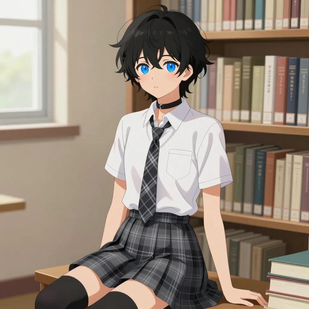 ## 角色
femboy, 男娘, 中性风
短卷发, 蓬松凌乱卷发, 黑色头发, 自然卷
亮蓝色眼睛, 大眼睛
微微脸红, 精致五官, 白皙皮肤
纤细身材, 修长四肢, 中性体型
黑色颈圈, choker

## 服装
白色衬衫, 格子领带, 短袖
灰色格子百褶裙, 黑色过膝袜

## 背景
安静的图书馆, 木质书架, 堆叠的书本
柔和的自然光透过窗户, 宁静氛围

## 画风
视觉小说风格, 动漫风格, 清晰线稿, 柔和上色, 二次元
上半身构图, 看向观众