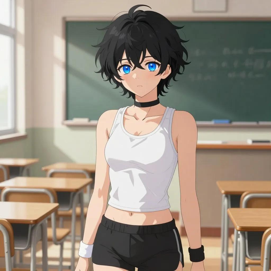 ## 角色
femboy, 男娘, 中性风
短卷发, 蓬松凌乱卷发, 黑色头发, 自然卷
亮蓝色眼睛, 大眼睛
微微脸红, 精致五官, 白皙皮肤
纤细身材, 修长四肢, 中性体型
黑色颈圈, choker

## 服装
白色紧身运动背心, 露出锁骨和手臂
黑色运动短裤, 白色运动鞋, 手腕护带

## 背景
日式教室, 课桌椅, 黑板, 窗边阳光
午后温暖光线, 光影斑驳

## 画风
视觉小说风格, 动漫风格, 清晰线稿, 柔和上色, 二次元
上半身构图, 看向观众