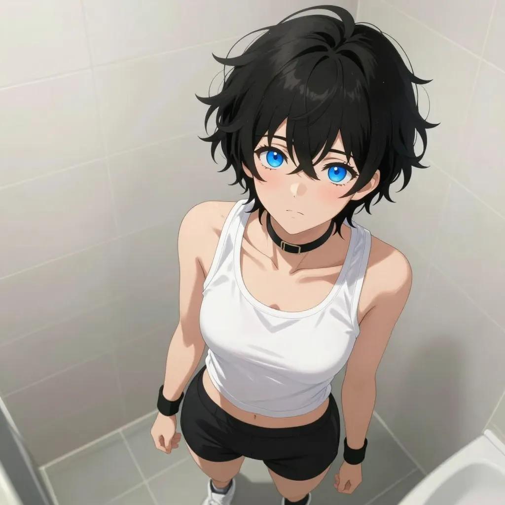 ## 角色
femboy, 男娘, 中性风
短卷发, 蓬松凌乱卷发, 黑色头发, 自然卷
亮蓝色眼睛, 大眼睛
微微脸红, 精致五官, 白皙皮肤
纤细身材, 修长四肢, 中性体型
黑色颈圈, choker

## 服装
白色紧身运动背心, 露出锁骨和手臂
黑色运动短裤, 白色运动鞋, 手腕护带

## 背景
浴室, 水雾弥漫, 瓷砖墙壁
柔和的暖白光线, 蒸汽朦胧感

## 画风
视觉小说风格, 动漫风格, 清晰线稿, 柔和上色, 二次元
上半身构图, 看向观众
