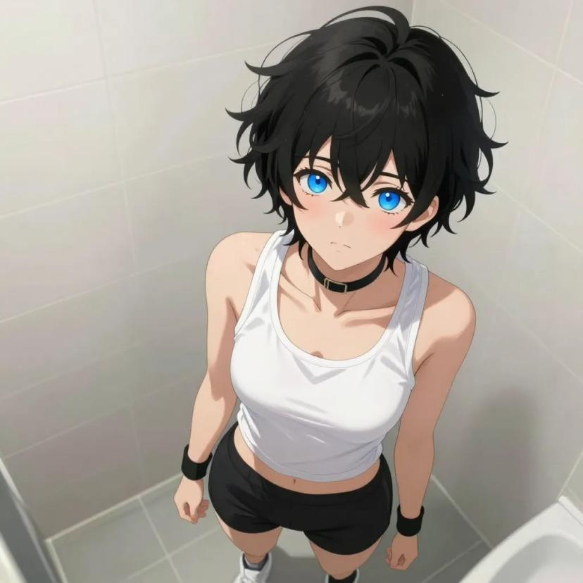 ## 角色
femboy, 男娘, 中性风
短卷发, 蓬松凌乱卷发, 黑色头发, 自然卷
亮蓝色眼睛, 大眼睛
微微脸红, 精致五官, 白皙皮肤
纤细身材, 修长四肢, 中性体型
黑色颈圈, choker

## 服装
白色紧身运动背心, 露出锁骨和手臂
黑色运动短裤, 白色运动鞋, 手腕护带

## 背景
浴室, 水雾弥漫, 瓷砖墙壁
柔和的暖白光线, 蒸汽朦胧感

## 画风
视觉小说风格, 动漫风格, 清晰线稿, 柔和上色, 二次元
上半身构图, 看向观众