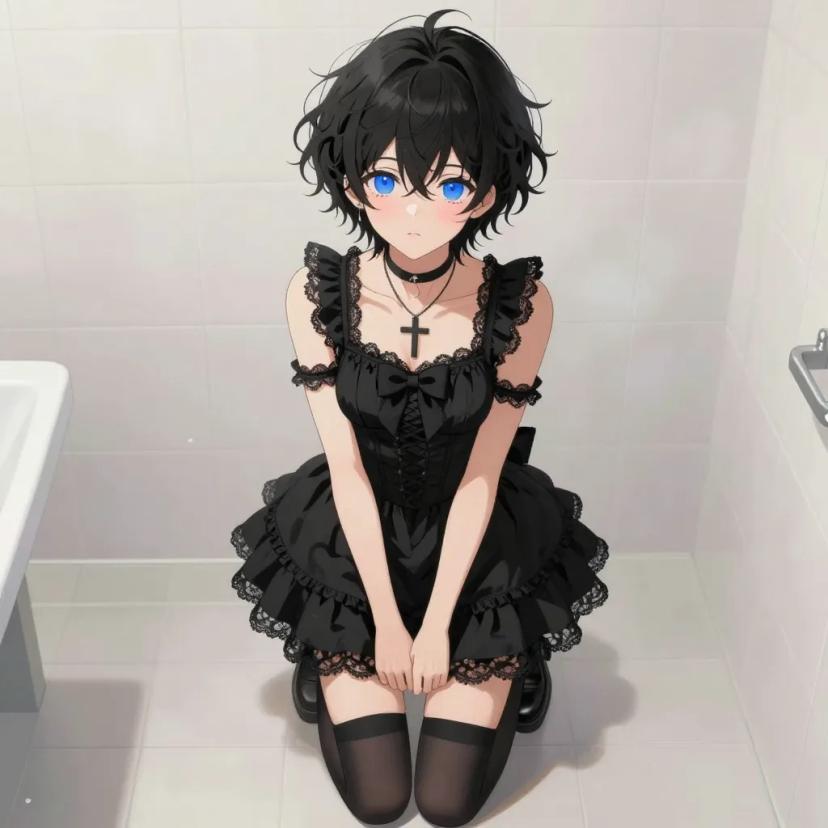 ## 角色
femboy, 男娘, 中性风
短卷发, 蓬松凌乱卷发, 黑色头发, 自然卷
亮蓝色眼睛, 大眼睛
微微脸红, 精致五官, 白皙皮肤
纤细身材, 修长四肢, 中性体型
黑色颈圈, choker

## 服装
黑色哥特萝莉连衣裙, 蕾丝装饰, 蝴蝶结
黑色长筒袜, 厚底皮鞋, 十字架项链

## 背景
浴室, 水雾弥漫, 瓷砖墙壁
柔和的暖白光线, 蒸汽朦胧感

## 画风
视觉小说风格, 动漫风格, 清晰线稿, 柔和上色, 二次元
上半身构图, 看向观众