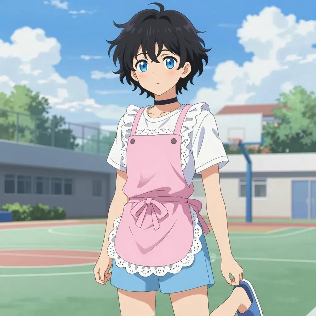 ## 角色
femboy, 男娘, 中性风
短卷发, 蓬松凌乱卷发, 黑色头发, 自然卷
亮蓝色眼睛, 大眼睛
微微脸红, 精致五官, 白皙皮肤
纤细身材, 修长四肢, 中性体型
黑色颈圈, choker

## 服装
粉色围裙, 蕾丝花边, 系带蝴蝶结
白色T恤, 浅蓝色短裤, 室内拖鞋

## 背景
学校篮球场, 阳光明媚
明亮的户外光线, 蓝天白云

## 画风
视觉小说风格, 动漫风格, 清晰线稿, 柔和上色, 二次元
上半身构图, 看向观众