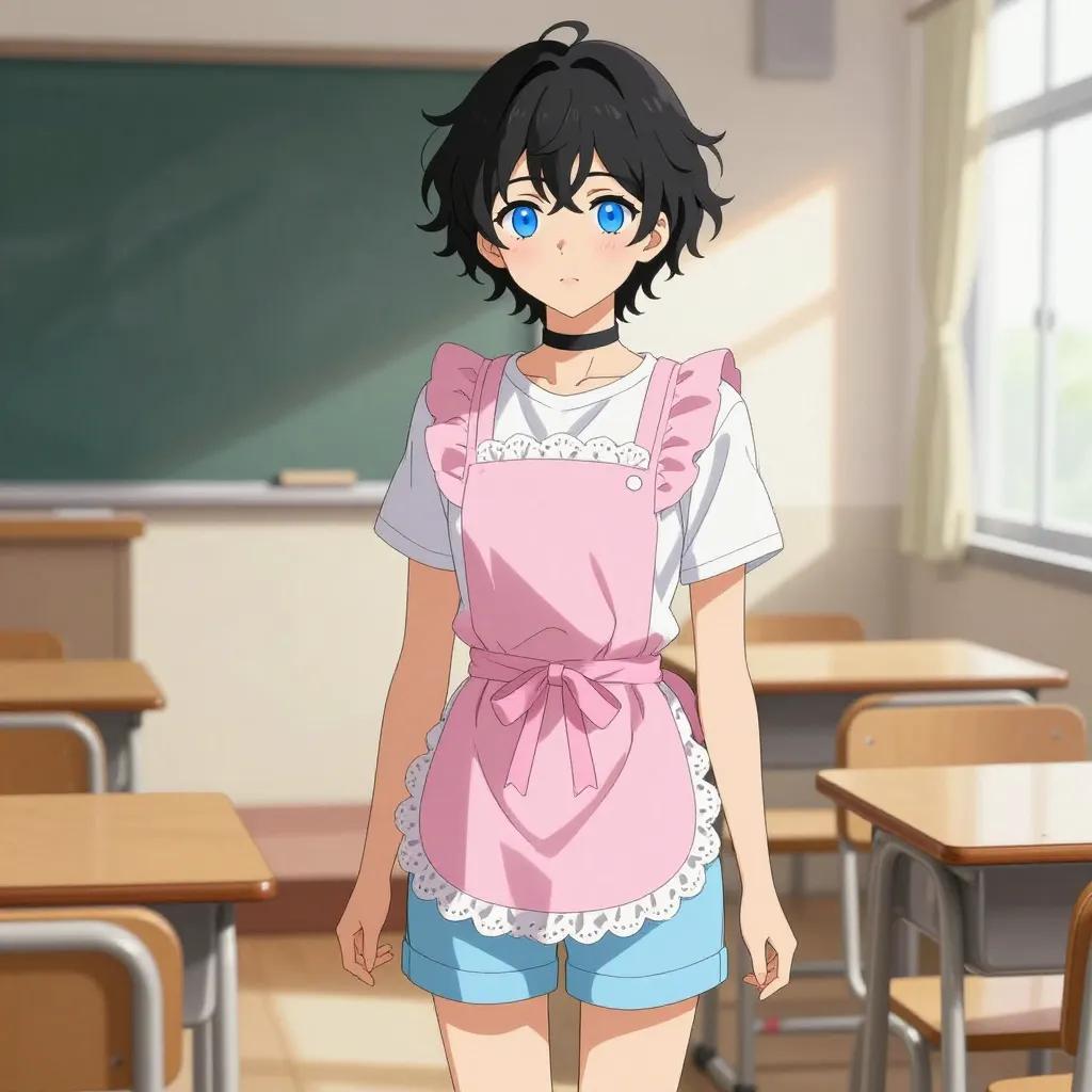 ## 角色
femboy, 男娘, 中性风
短卷发, 蓬松凌乱卷发, 黑色头发, 自然卷
亮蓝色眼睛, 大眼睛
微微脸红, 精致五官, 白皙皮肤
纤细身材, 修长四肢, 中性体型
黑色颈圈, choker

## 服装
粉色围裙, 蕾丝花边, 系带蝴蝶结
白色T恤, 浅蓝色短裤, 室内拖鞋

## 背景
日式教室, 课桌椅, 黑板, 窗边阳光
午后温暖光线, 光影斑驳

## 画风
视觉小说风格, 动漫风格, 清晰线稿, 柔和上色, 二次元
上半身构图, 看向观众