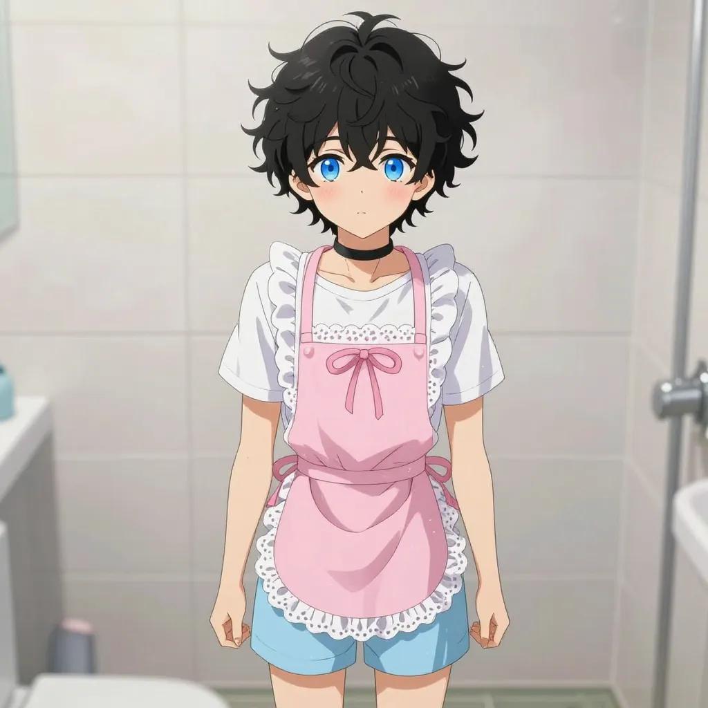 ## 角色
femboy, 男娘, 中性风
短卷发, 蓬松凌乱卷发, 黑色头发, 自然卷
亮蓝色眼睛, 大眼睛
微微脸红, 精致五官, 白皙皮肤
纤细身材, 修长四肢, 中性体型
黑色颈圈, choker

## 服装
粉色围裙, 蕾丝花边, 系带蝴蝶结
白色T恤, 浅蓝色短裤, 室内拖鞋

## 背景
浴室, 水雾弥漫, 瓷砖墙壁
柔和的暖白光线, 蒸汽朦胧感

## 画风
视觉小说风格, 动漫风格, 清晰线稿, 柔和上色, 二次元
上半身构图, 看向观众