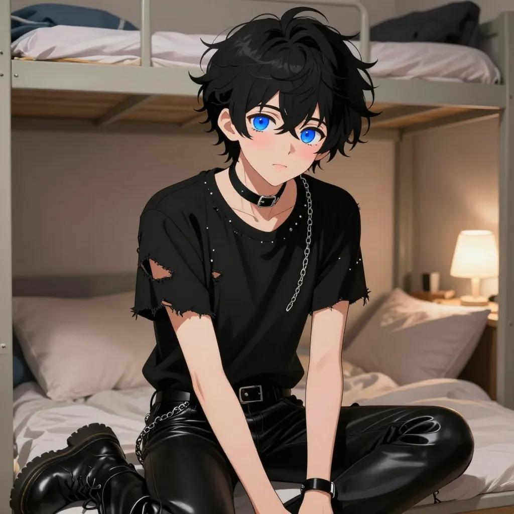 ## 角色
femboy, 男娘, 中性风
短卷发, 蓬松凌乱卷发, 黑色头发, 自然卷
亮蓝色眼睛, 大眼睛
微微脸红, 精致五官, 白皙皮肤
纤细身材, 修长四肢, 中性体型
黑色颈圈, choker

## 服装
黑色破洞T恤, 铆钉装饰, 链条配饰
黑色皮裤, 马丁靴, 手环

## 背景
宿舍卧室, 床铺, 柔软枕头
昏暗暖色台灯光, 温馨慵懒氛围

## 画风
视觉小说风格, 动漫风格, 清晰线稿, 柔和上色, 二次元
上半身构图, 看向观众