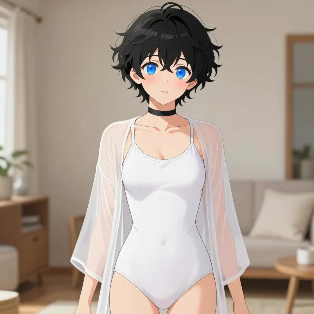 ## 角色
femboy, 男娘, 中性风
短卷发, 蓬松凌乱卷发, 黑色头发, 自然卷
亮蓝色眼睛, 大眼睛
微微脸红, 精致五官, 白皙皮肤
纤细身材, 修长四肢, 中性体型
黑色颈圈, choker

## 服装
白色连体泳装, 露背设计, 高叉剪裁
半透明纱质罩衫

## 背景
温馨室内空间, 模糊的家具陈设
暖色系柔和光线, 整体色彩清新柔和

## 画风
视觉小说风格, 动漫风格, 清晰线稿, 柔和上色, 二次元
上半身构图, 看向观众