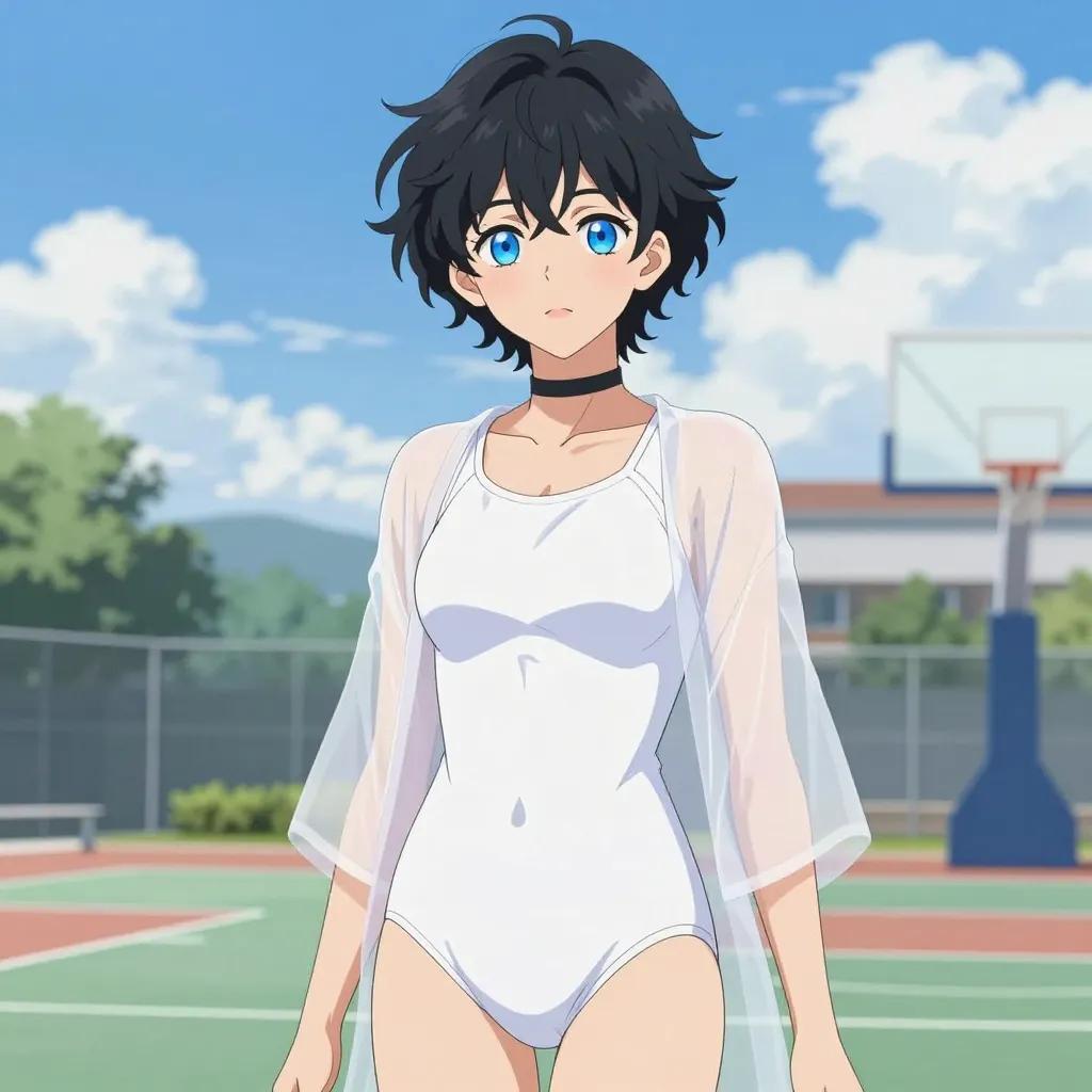 ## 角色
femboy, 男娘, 中性风
短卷发, 蓬松凌乱卷发, 黑色头发, 自然卷
亮蓝色眼睛, 大眼睛
微微脸红, 精致五官, 白皙皮肤
纤细身材, 修长四肢, 中性体型
黑色颈圈, choker

## 服装
白色连体泳装, 露背设计, 高叉剪裁
半透明纱质罩衫

## 背景
学校篮球场, 阳光明媚
明亮的户外光线, 蓝天白云

## 画风
视觉小说风格, 动漫风格, 清晰线稿, 柔和上色, 二次元
上半身构图, 看向观众