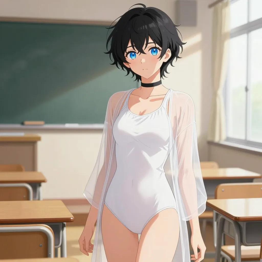 ## 角色
femboy, 男娘, 中性风
短卷发, 蓬松凌乱卷发, 黑色头发, 自然卷
亮蓝色眼睛, 大眼睛
微微脸红, 精致五官, 白皙皮肤
纤细身材, 修长四肢, 中性体型
黑色颈圈, choker

## 服装
白色连体泳装, 露背设计, 高叉剪裁
半透明纱质罩衫

## 背景
日式教室, 课桌椅, 黑板, 窗边阳光
午后温暖光线, 光影斑驳

## 画风
视觉小说风格, 动漫风格, 清晰线稿, 柔和上色, 二次元
上半身构图, 看向观众
