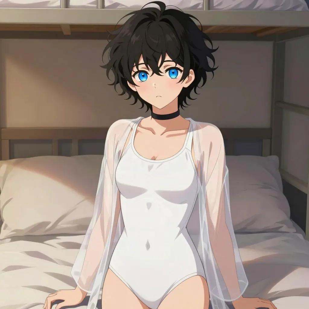 ## 角色
femboy, 男娘, 中性风
短卷发, 蓬松凌乱卷发, 黑色头发, 自然卷
亮蓝色眼睛, 大眼睛
微微脸红, 精致五官, 白皙皮肤
纤细身材, 修长四肢, 中性体型
黑色颈圈, choker

## 服装
白色连体泳装, 露背设计, 高叉剪裁
半透明纱质罩衫

## 背景
宿舍卧室, 床铺, 柔软枕头
昏暗暖色台灯光, 温馨慵懒氛围

## 画风
视觉小说风格, 动漫风格, 清晰线稿, 柔和上色, 二次元
上半身构图, 看向观众