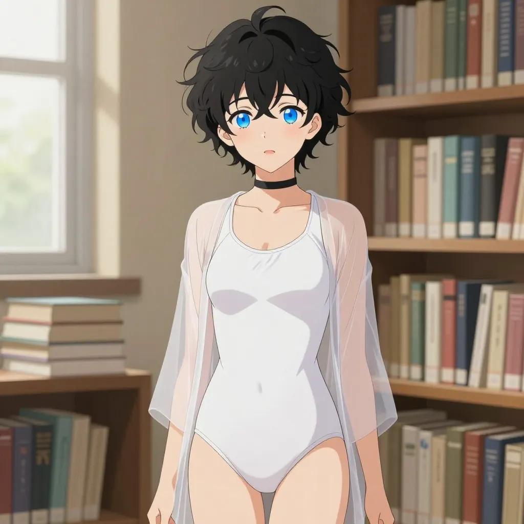 ## 角色
femboy, 男娘, 中性风
短卷发, 蓬松凌乱卷发, 黑色头发, 自然卷
亮蓝色眼睛, 大眼睛
微微脸红, 精致五官, 白皙皮肤
纤细身材, 修长四肢, 中性体型
黑色颈圈, choker

## 服装
白色连体泳装, 露背设计, 高叉剪裁
半透明纱质罩衫

## 背景
安静的图书馆, 木质书架, 堆叠的书本
柔和的自然光透过窗户, 宁静氛围

## 画风
视觉小说风格, 动漫风格, 清晰线稿, 柔和上色, 二次元
上半身构图, 看向观众