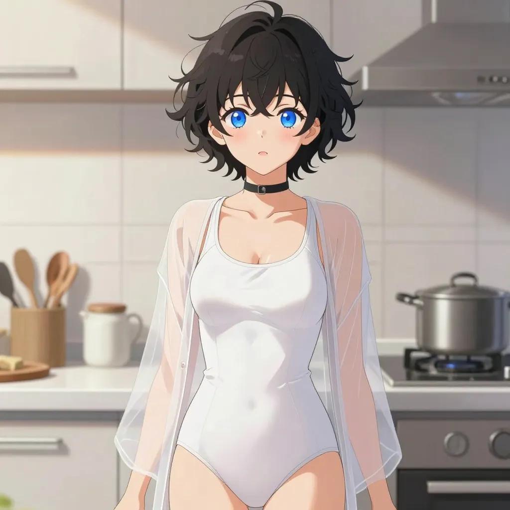 ## 角色
femboy, 男娘, 中性风
短卷发, 蓬松凌乱卷发, 黑色头发, 自然卷
亮蓝色眼睛, 大眼睛
微微脸红, 精致五官, 白皙皮肤
纤细身材, 修长四肢, 中性体型
黑色颈圈, choker

## 服装
白色连体泳装, 露背设计, 高叉剪裁
半透明纱质罩衫

## 背景
家庭厨房, 料理台, 厨具
明亮暖色光线, 温馨生活感

## 画风
视觉小说风格, 动漫风格, 清晰线稿, 柔和上色, 二次元
上半身构图, 看向观众